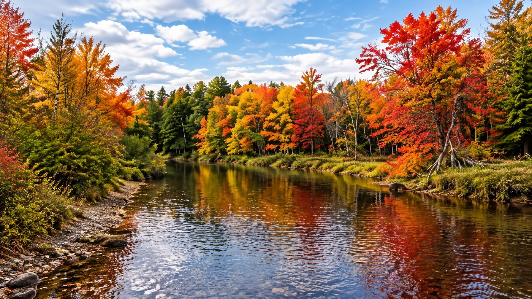 Autumn trees reflected along a quiet river in Cumberland County
