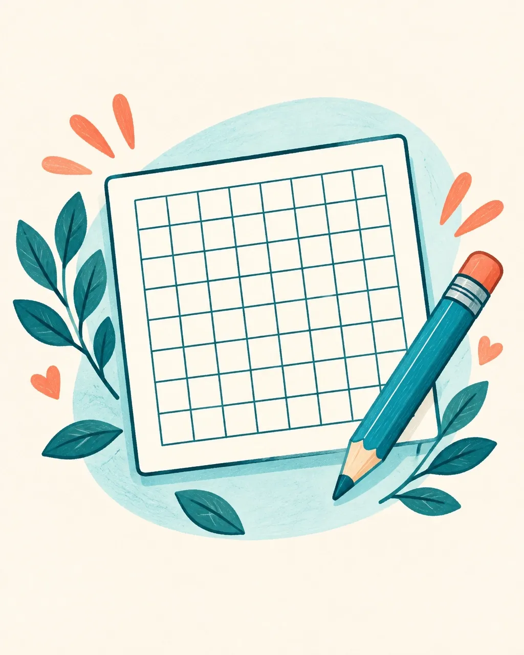 Illustration of a word search grid and pencil