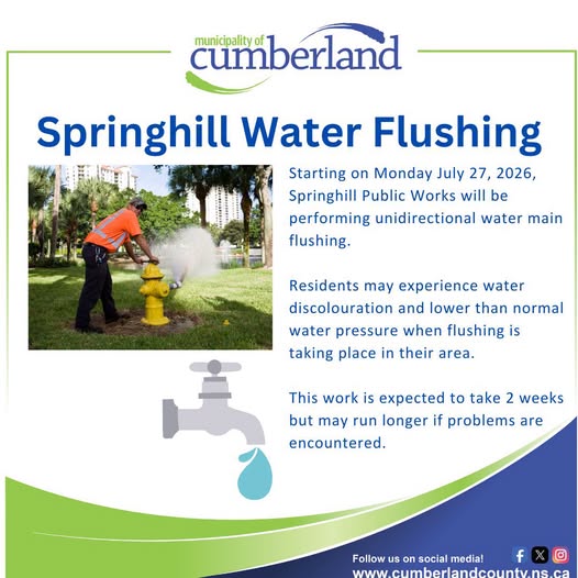 Municipality of Cumberland Springhill Water Flushing Monday July 27