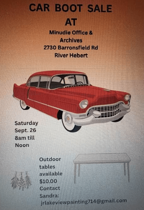 Car Boot Sale At Minudie Office and Archives in River Hebert Saturday September 26