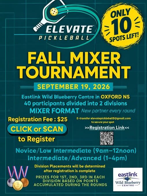 Pickleball Fax Mixer Tournament September 19 Oxford NS 10 Spots left