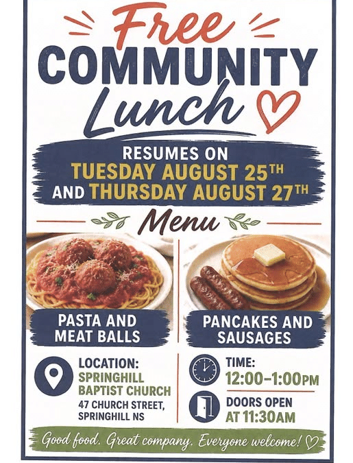 Springhill Baptist Church Spaghetti and Meatballs on Tuesdays and Pancake and Sausage Lunch on Thursdays