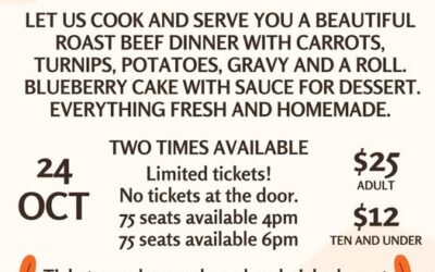 Help support the Southampton Community Center. Come to our Roast Beef Dinner on Saturday October 24. Seats are filling up fast. Contact us to secure your place at our table