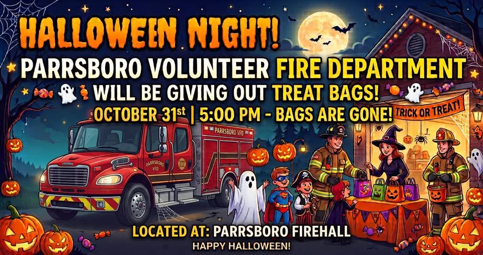Parrsboro Volunteer Fire Department will be handing out treats until 5 pm on October 31, Halloween