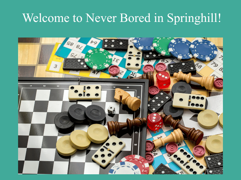 Welcome to Never Bored in Springhill! Headed up by Lisa Coates. Board Games, Friends, and Fellowship